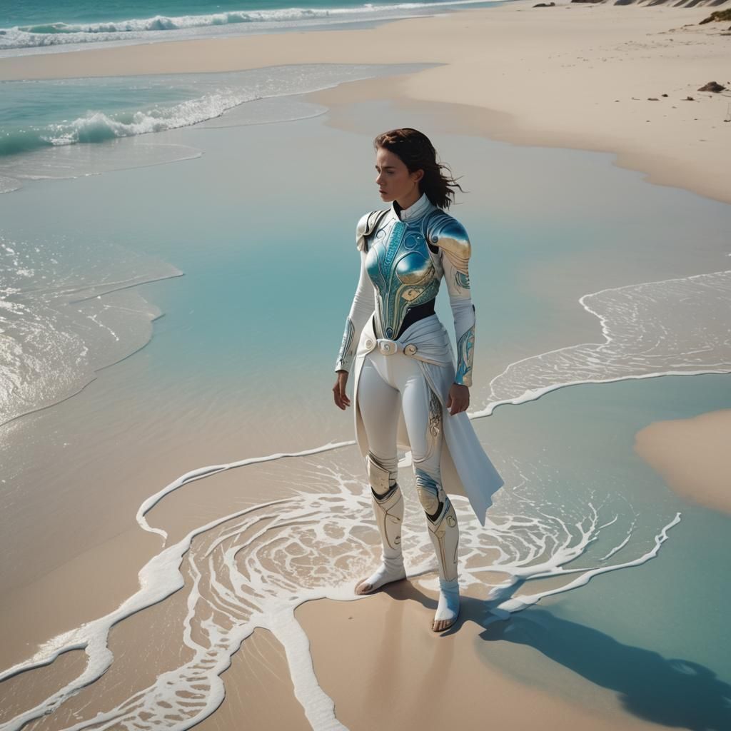 Woman in White Atreides Suit on White Sand Beach