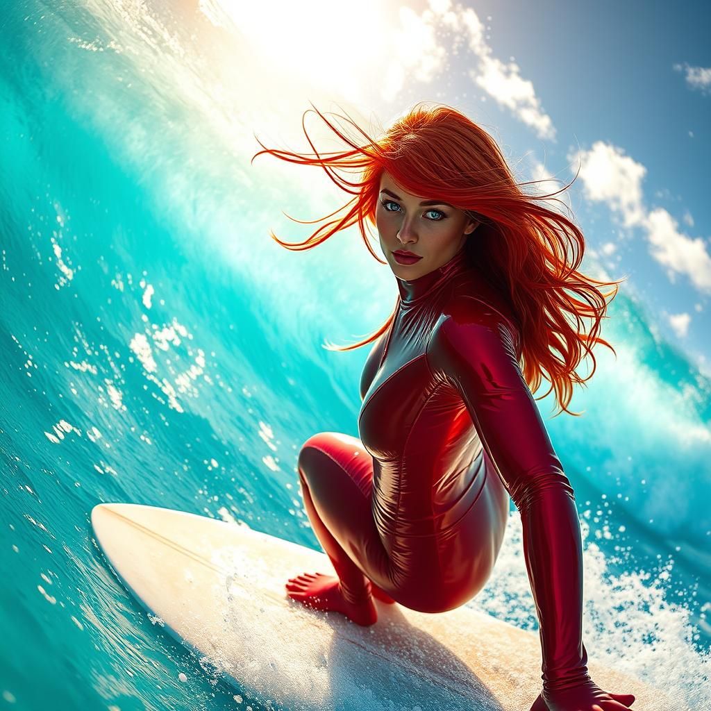Red-Haired Surfer on a Wave in Digital Art Style