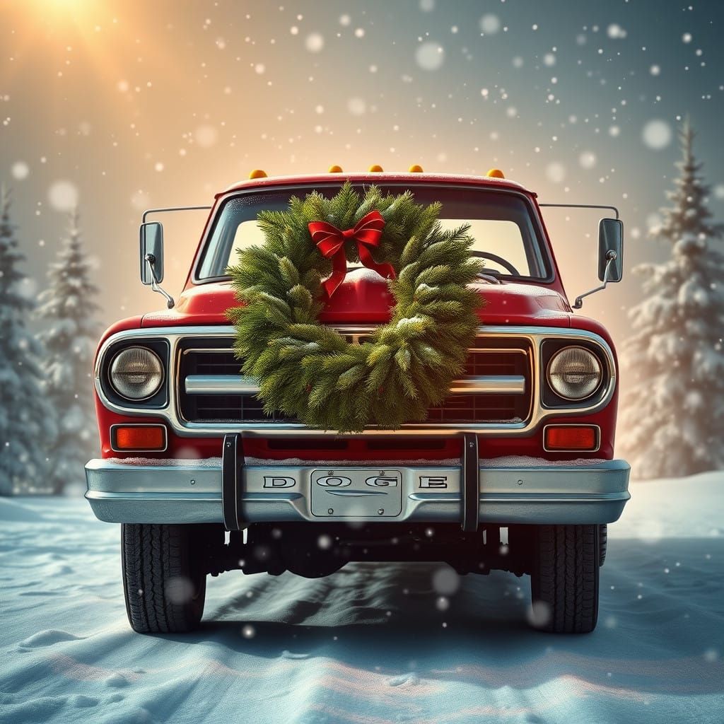 Vintage Christmas Dodge Ram in Hyper-Realistic Style