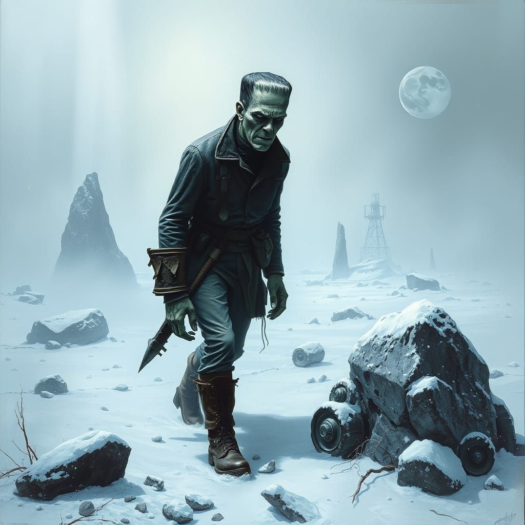 Frankenstein's Arctic Trek: A Dark Surrealist Vision