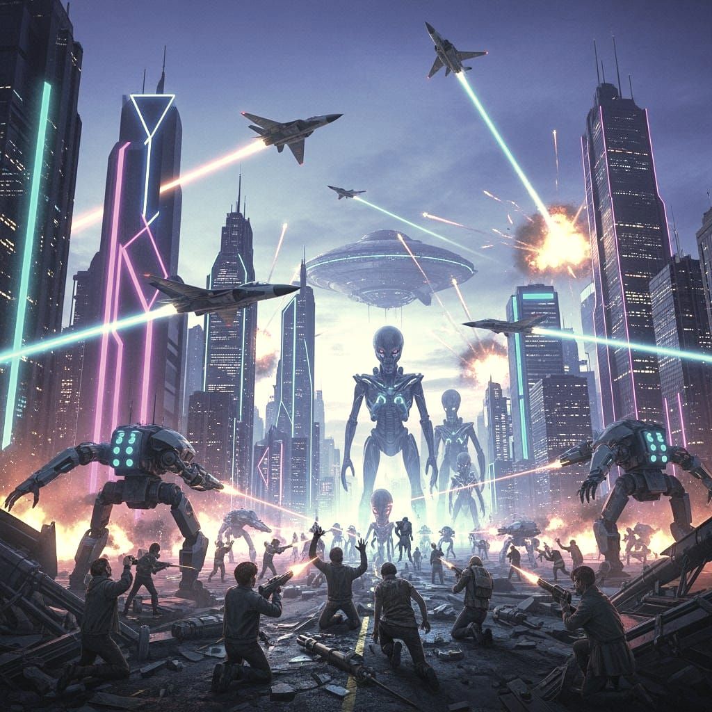 Humanity's Surrender to Aliens in Synthwave Style