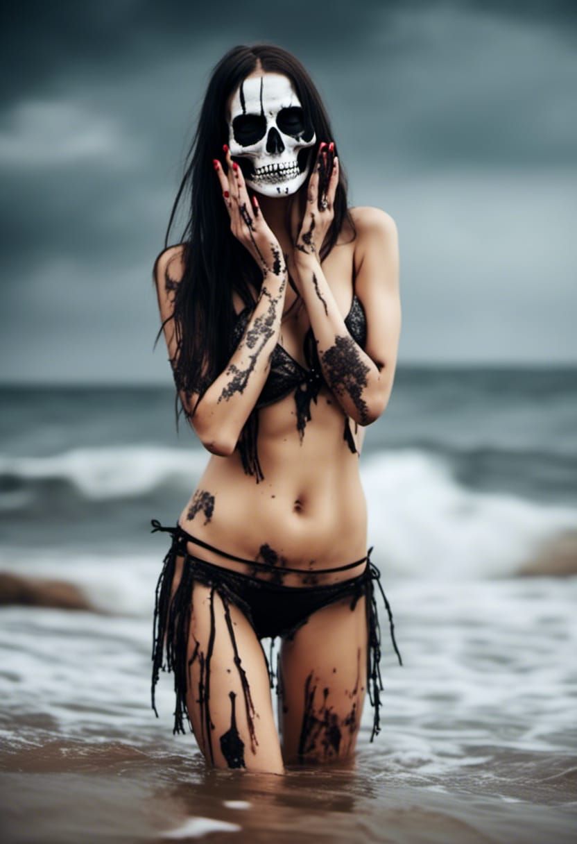 Gothic Bikini Model with Skull Face Makeup