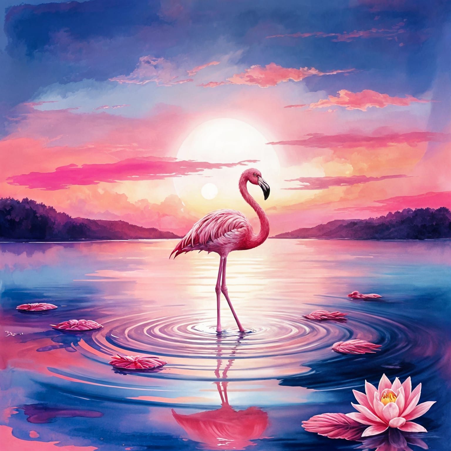 Vibrant Pink Flamingo at Sunset in Alcohol Ink