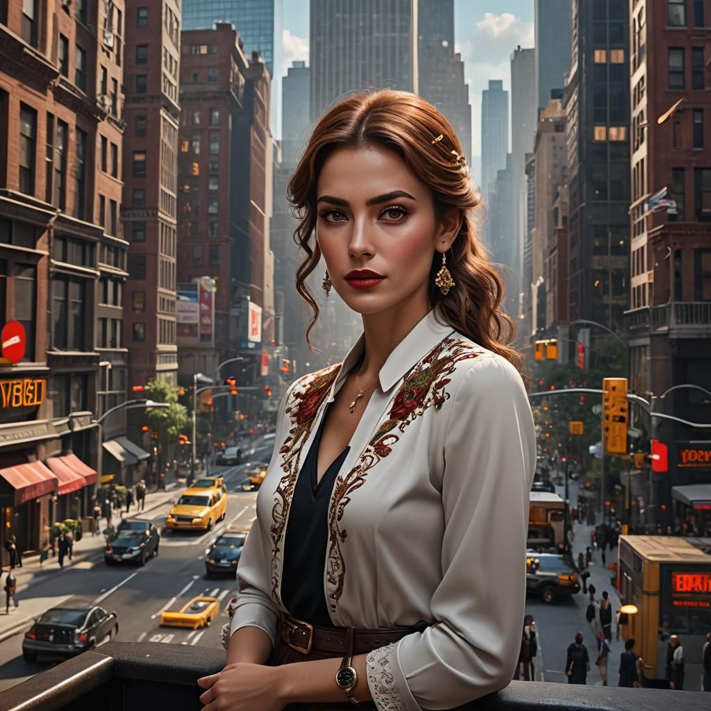 Spanish Woman in New York Office: Detailed Matte Painting