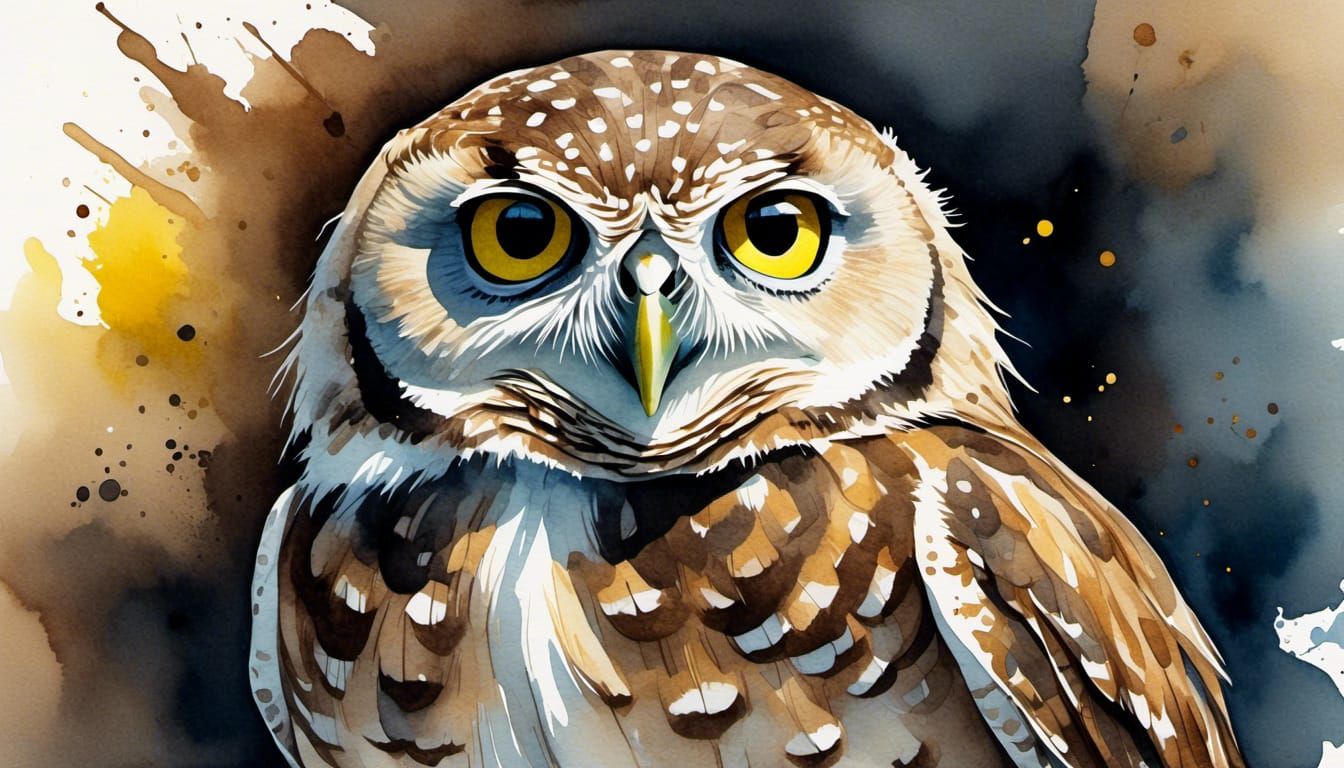 Burrowing Owl with Yellow Beak in Gouache Watercolor