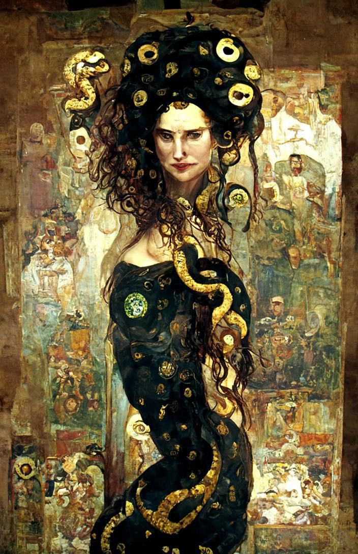 Gorgeous Medusa with Snakes, Decorative Golden Art
