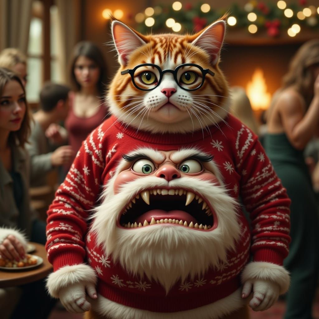 Grumpy Cat in Ugly Christmas Jumper with Santa Belly