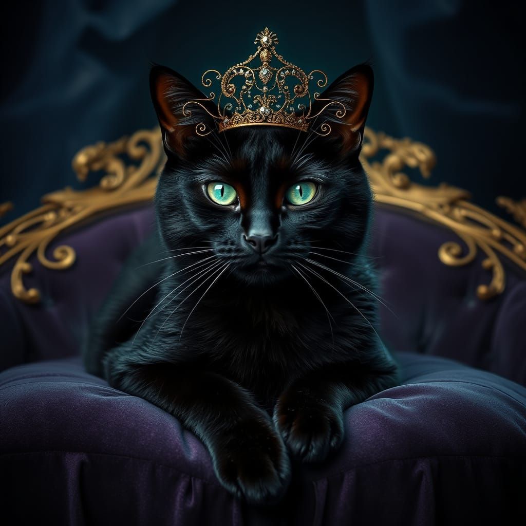 Majestic Black Cat in Starlight Crown, Velvet Cushion, Dark ...