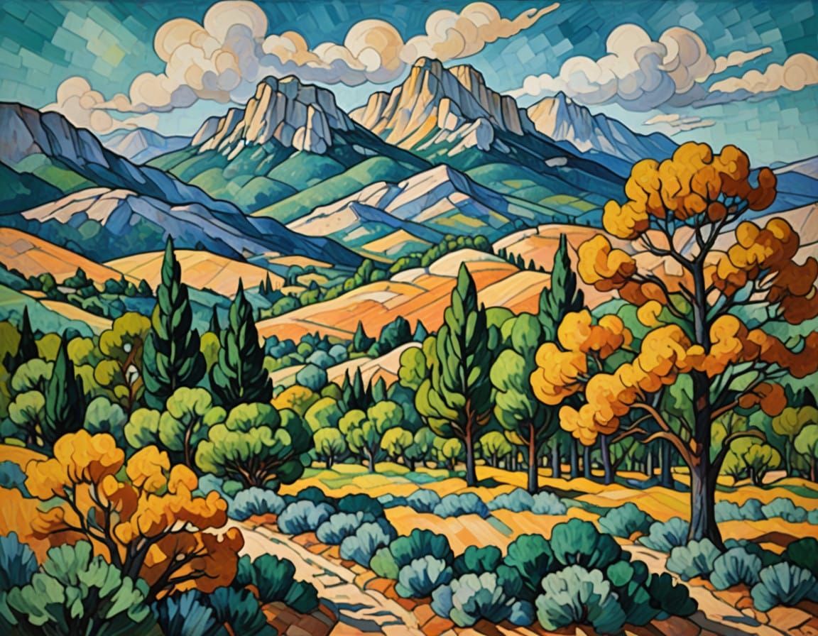 Surreal Post-Impressionist Mont Sainte-Victoire Landscape in...