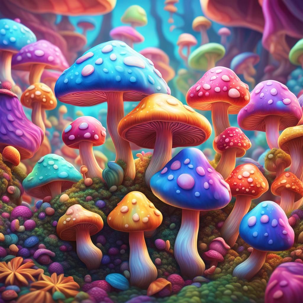 Happy Psychedelic Mushrooms Dancing in Candyland