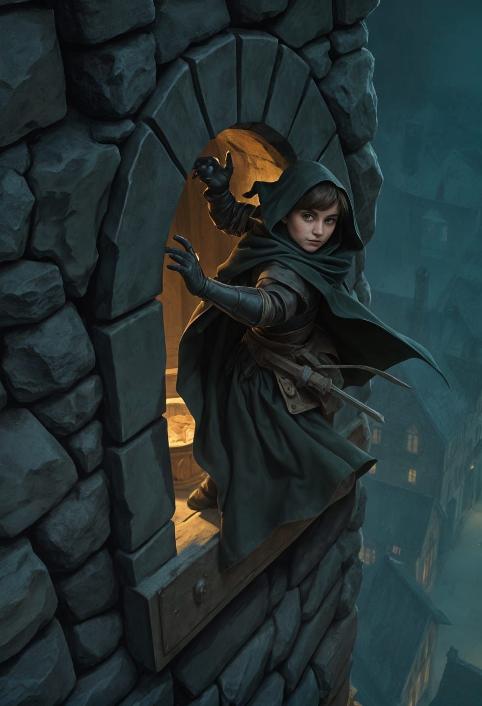 Halfling Rogue Scaling Medieval City Wall