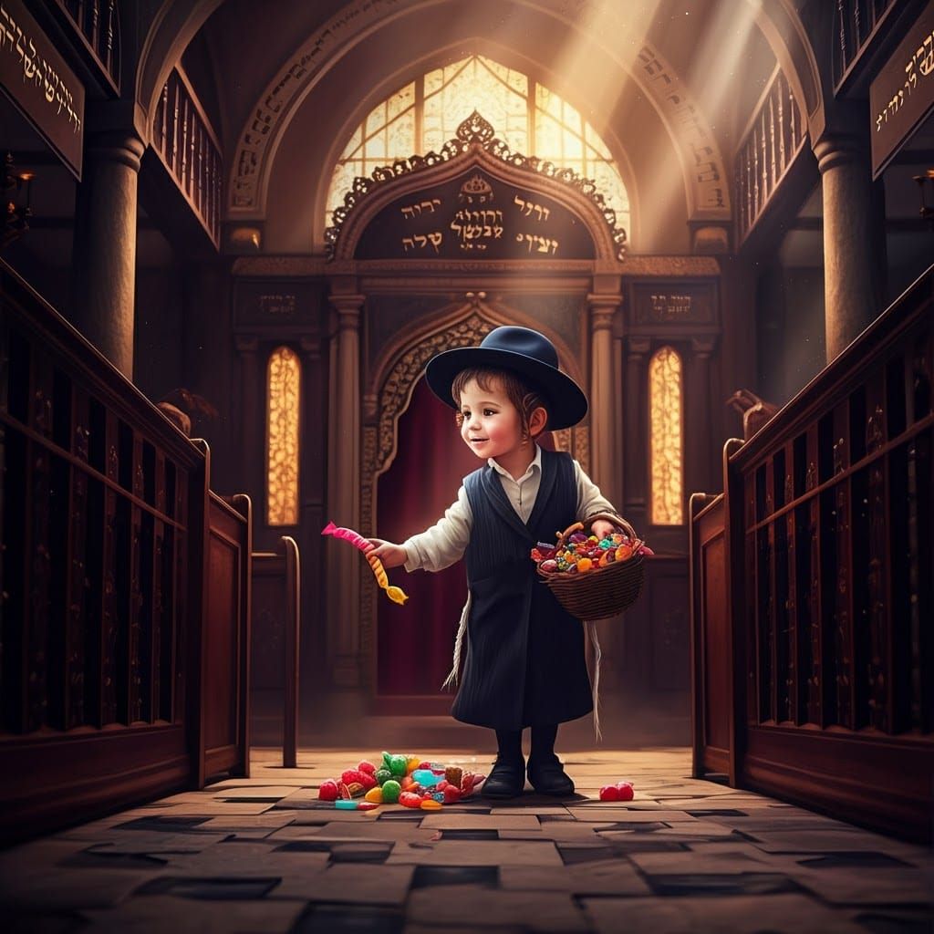Cherubic Boy Collects Candy in Ornate Synagogue