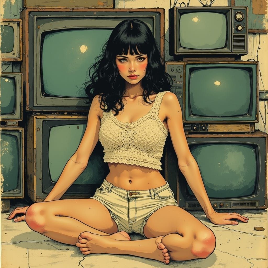 Anime Woman in Retro-Futuristic TV Room