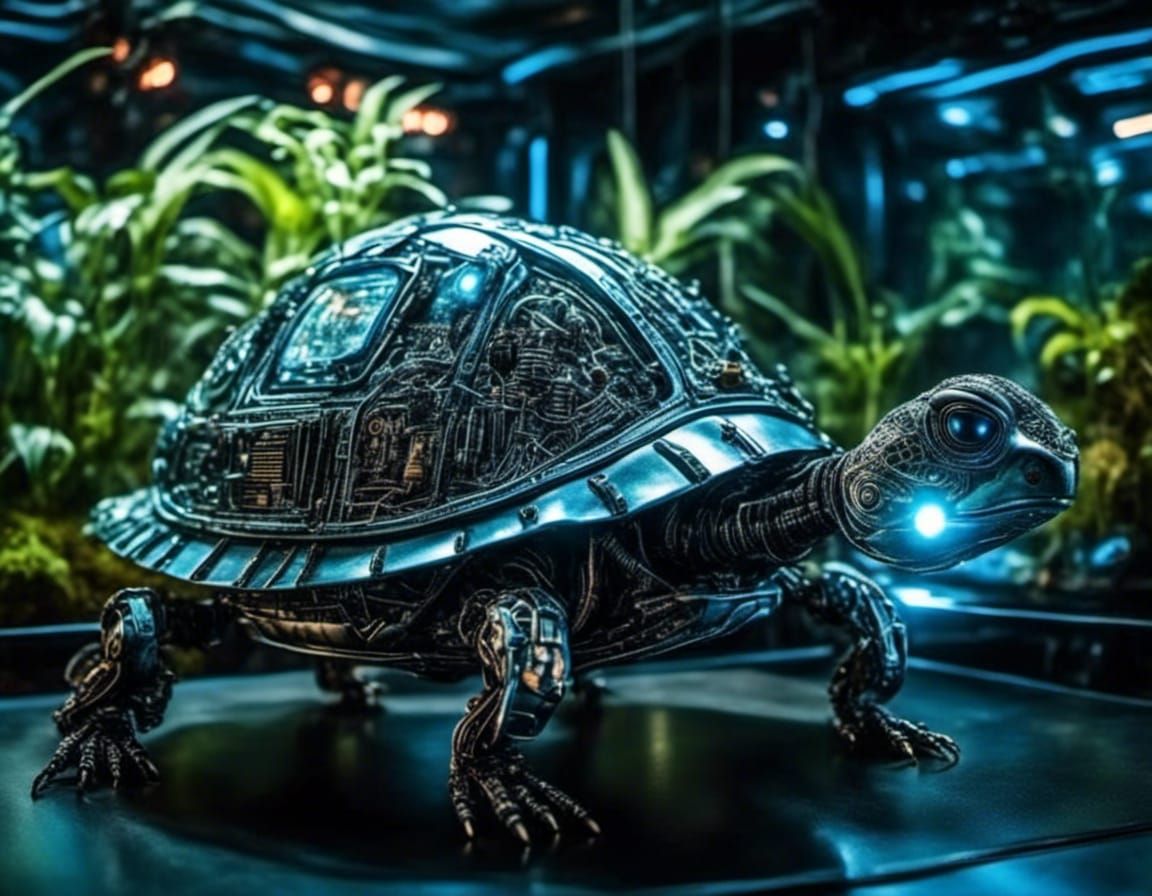 Cyberpunk Cyborg Turtle Portrait with Bioluminescence