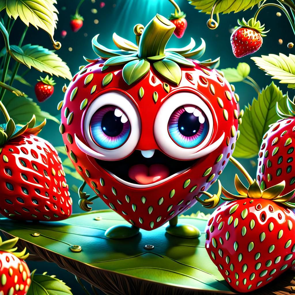 Adorable Strawberry Character with Chibi Eyes, Digital Art