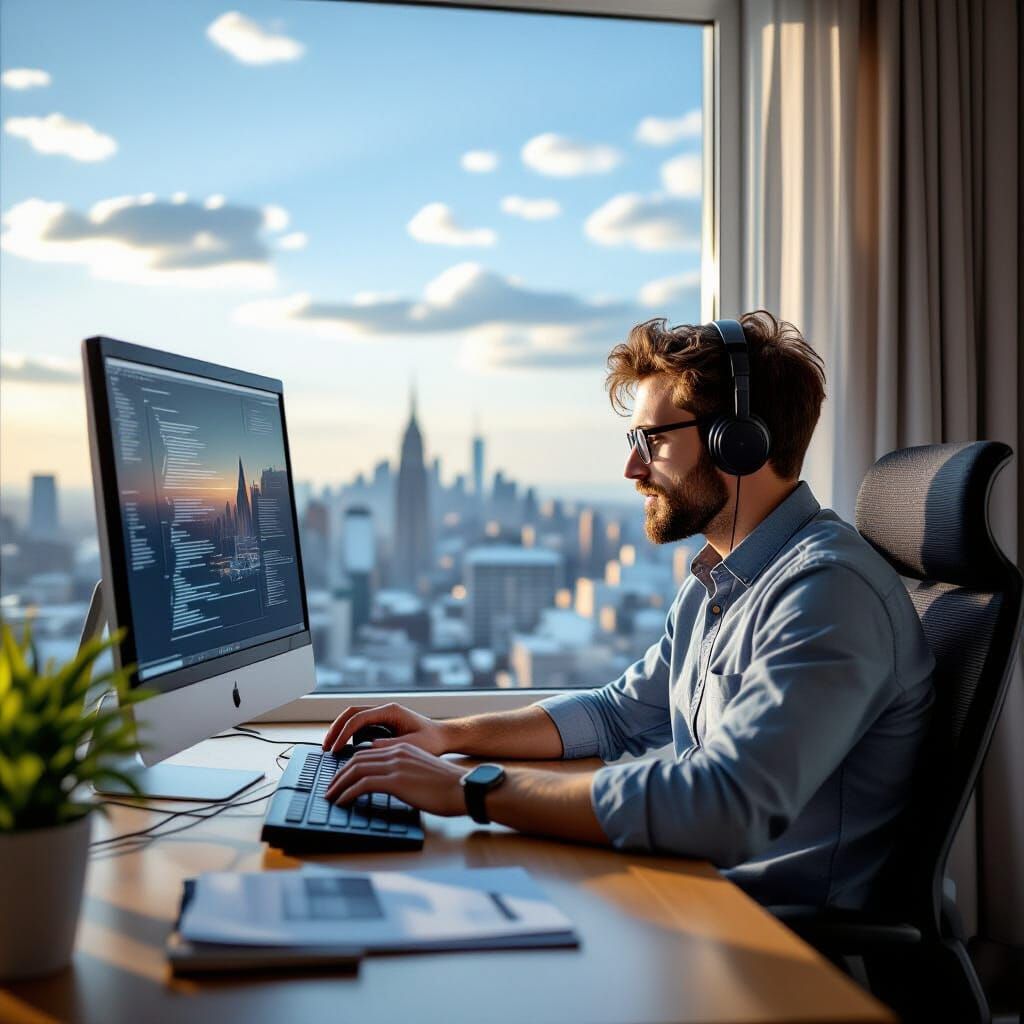 IT Professional at Desk with City View, Digital Illustration