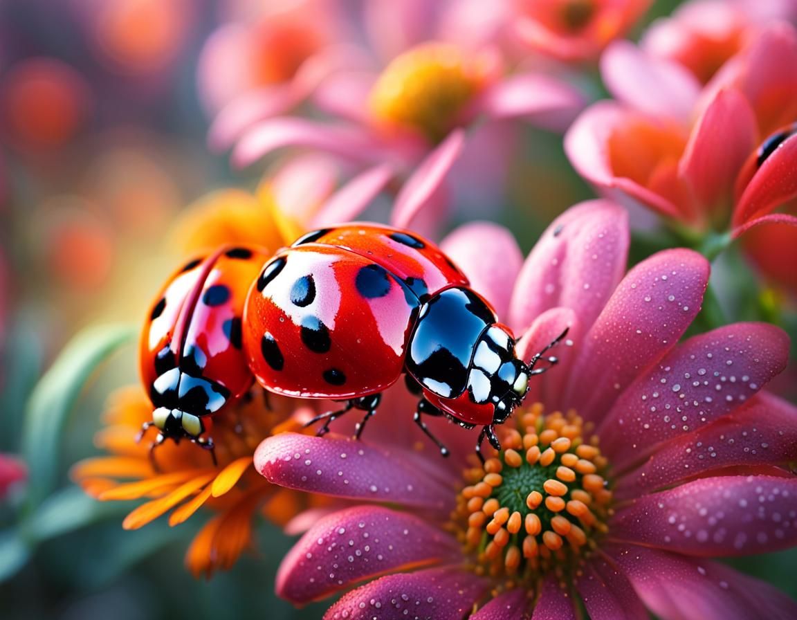 Ladybugs in Dew-Kissed Garden: Hyperrealistic Macro Shot