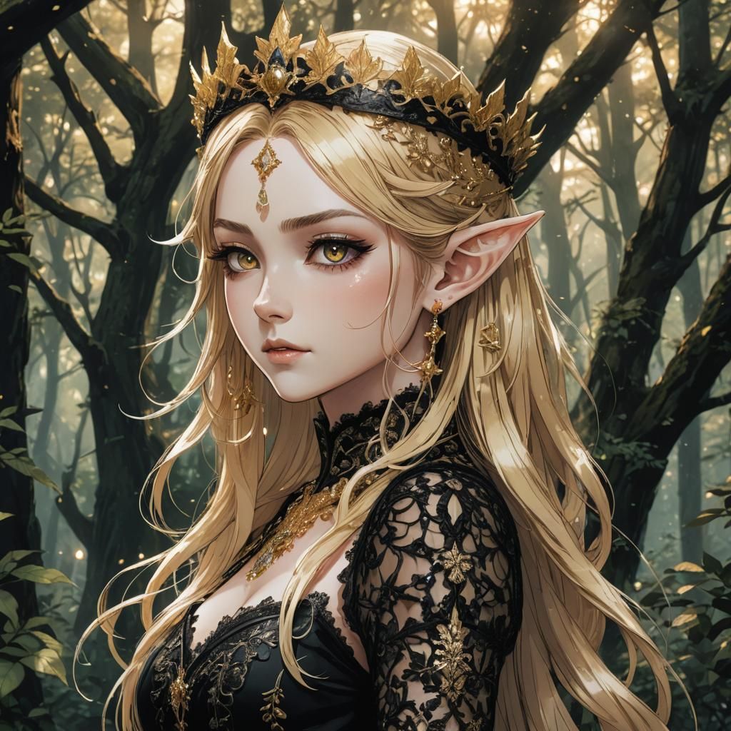 Anime Elf Portrait in Forest with Lace Dress