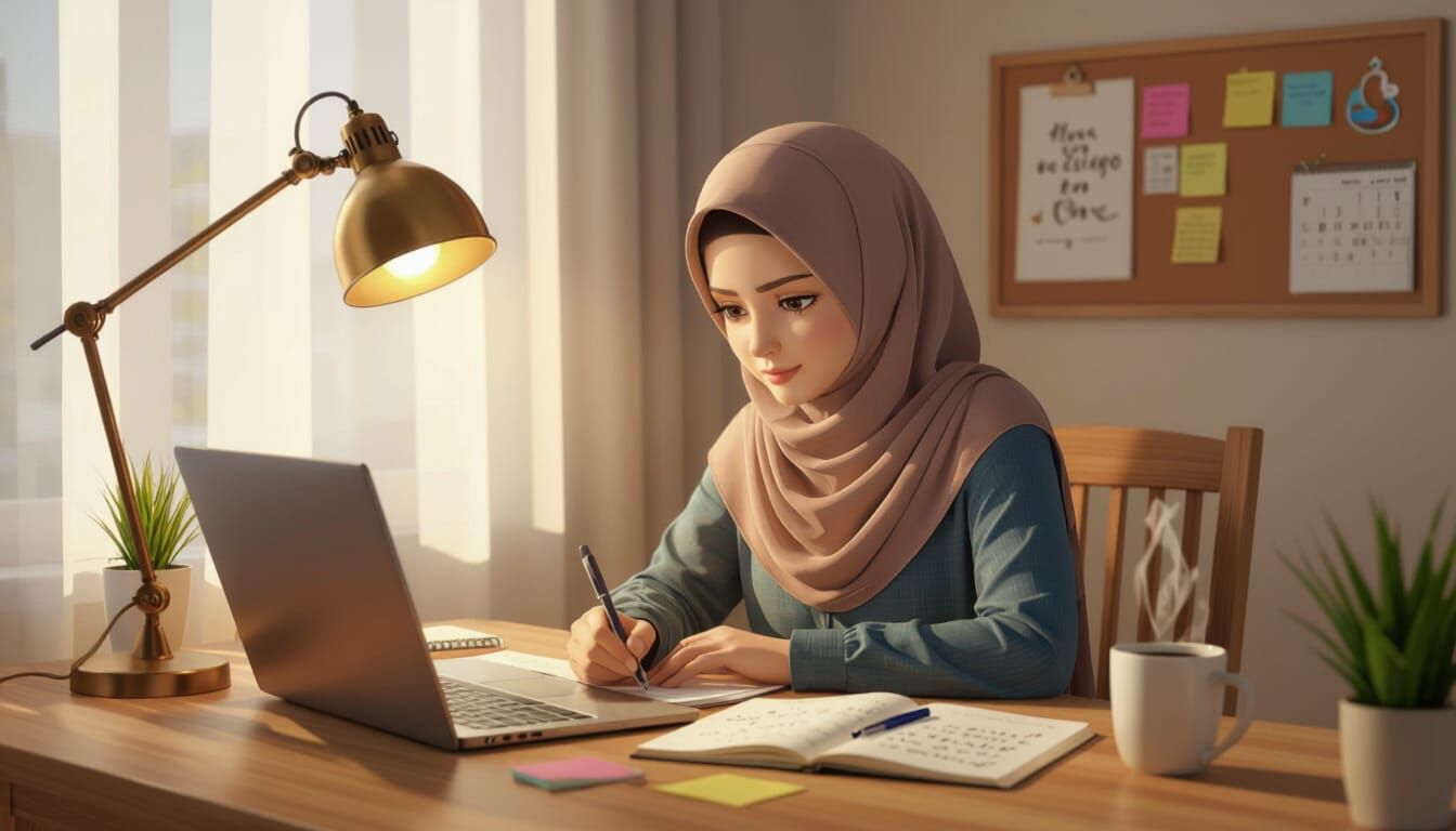 Focused Muslim Girl Studying in Cozy Anime Style Room