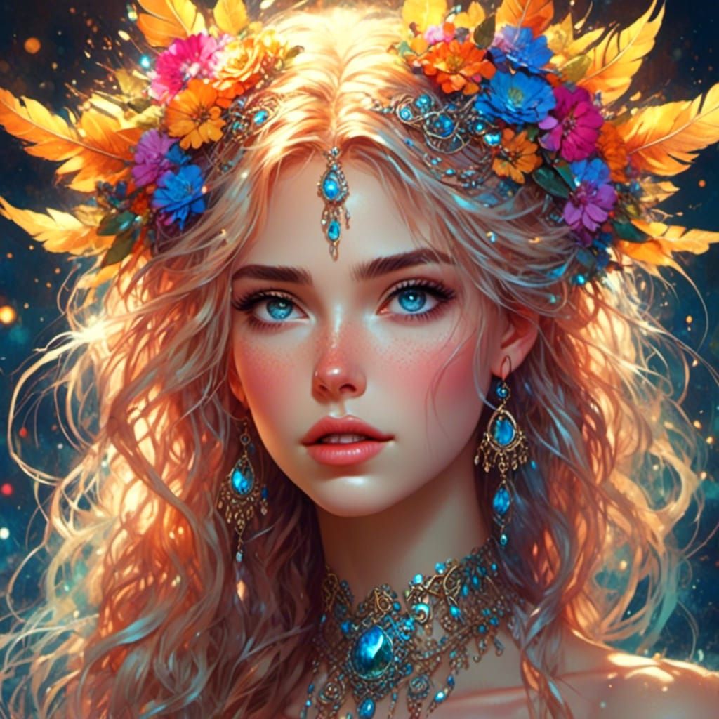 Illuminated Young Woman with Rainbow Hair