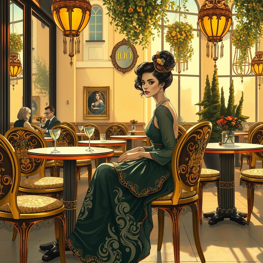 Elegant Woman in Golden Summer Light, Deco Art Nouveau Style