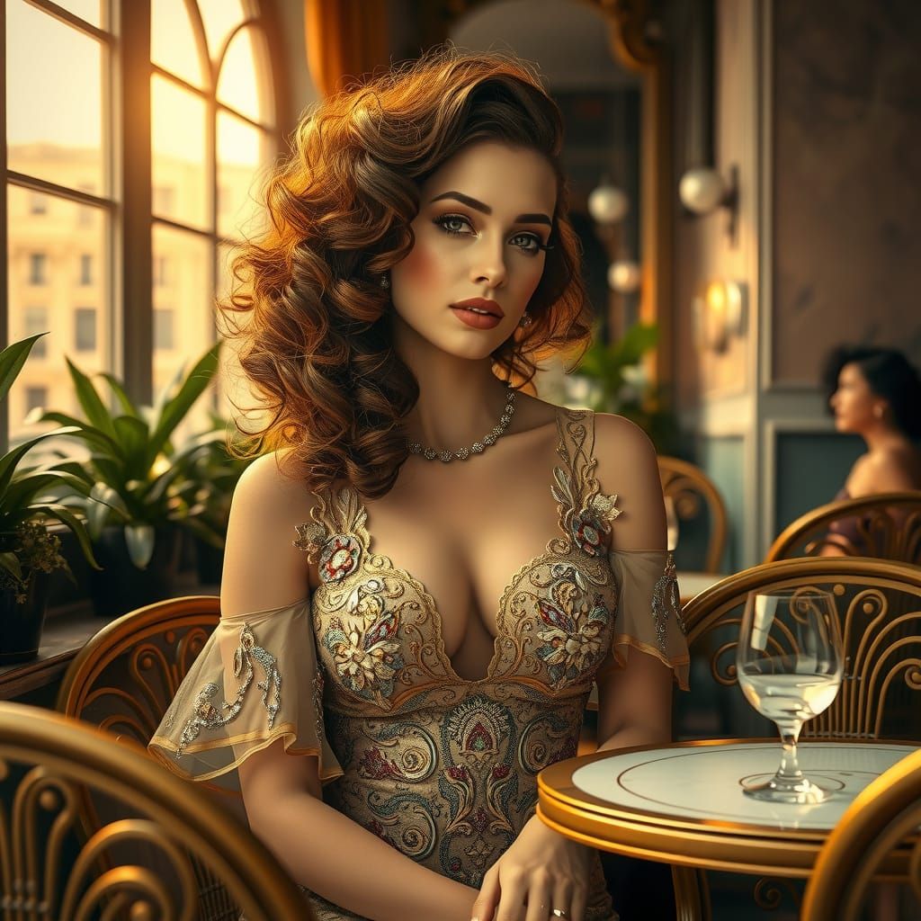 Elegant Woman in Art Nouveau Cafe
