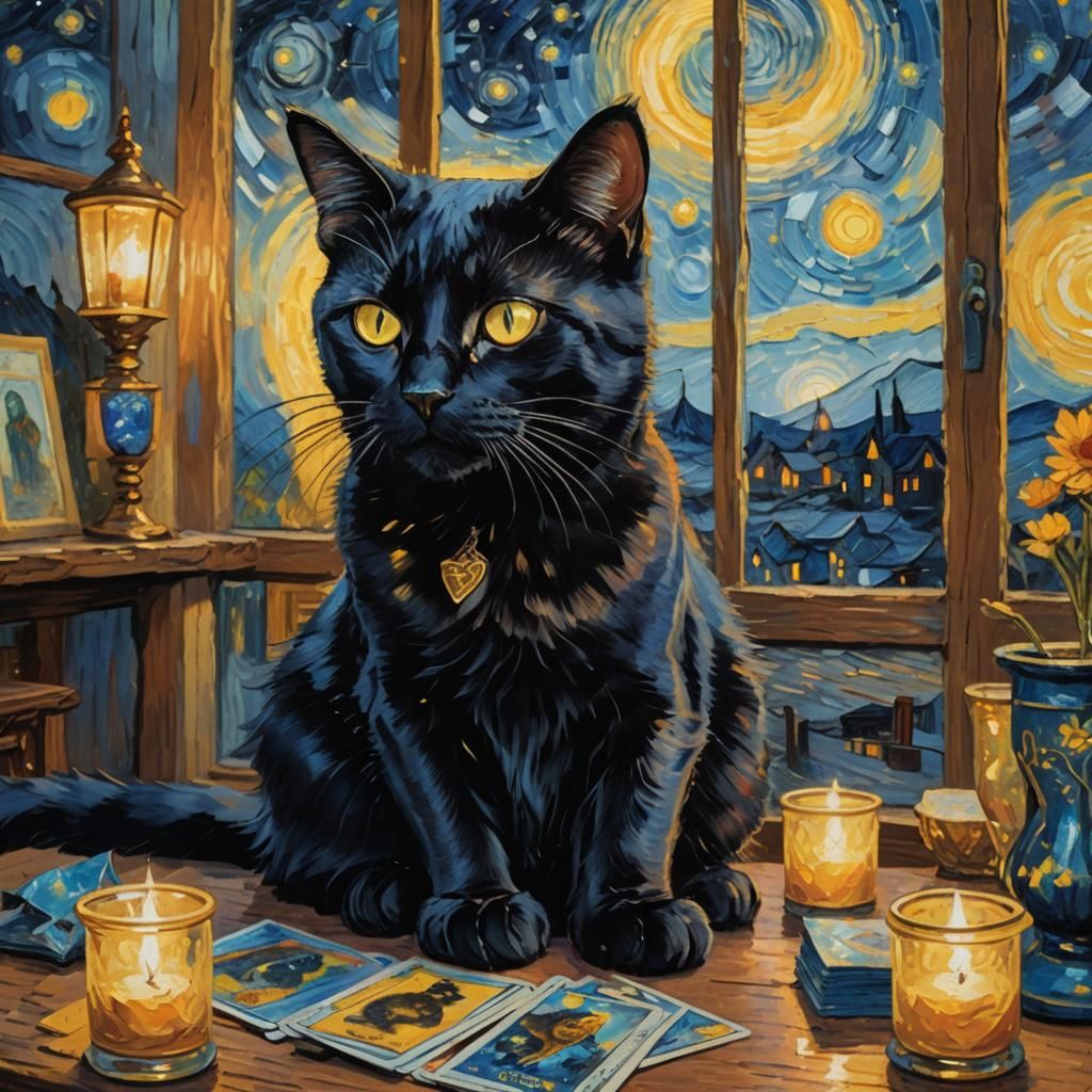 Black Cat and Tarot Cards in Impressionist Style