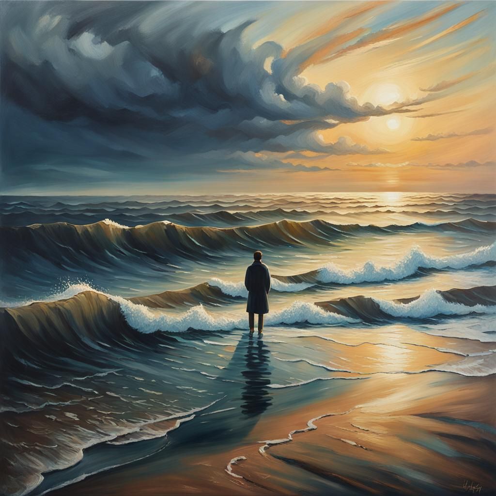 Tranquil Ocean View at Golden Hour: Oil Painting