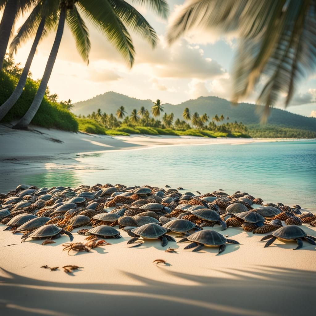 Idyllic Island Beach Scene with Abundant Wildlife