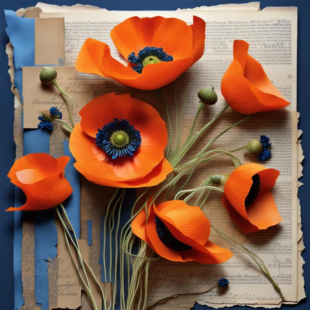 Orange Poppies Collage with Silk Ribbon Embellishments