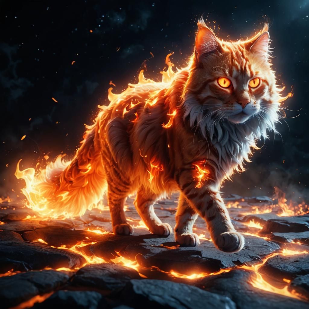 Flaming Tabby Cat in Dark Fantasy Style