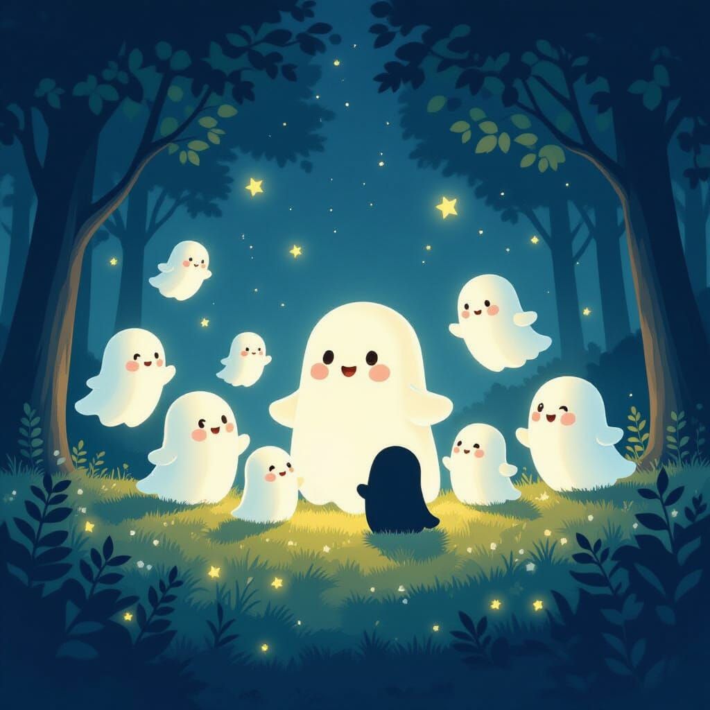 Adorable Glowing Ghosts Drifting Through a Friendly Night