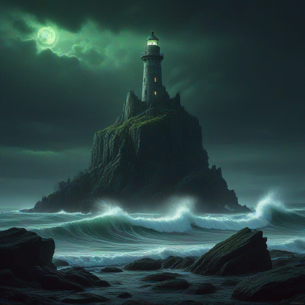 Ancient Lighthouse in Spectral Storm, Moody Matte Painting