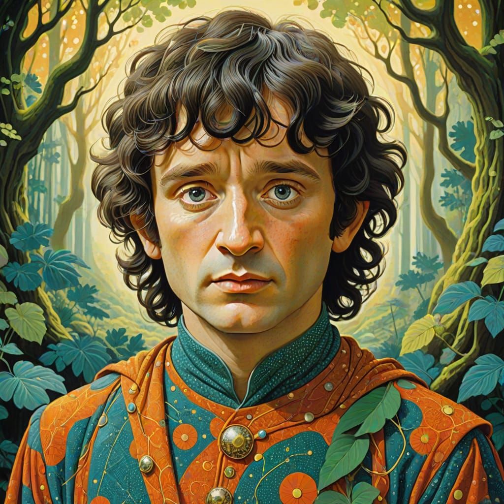 Frodo Baggins in Fantastical Forest, Art Nouveau Style