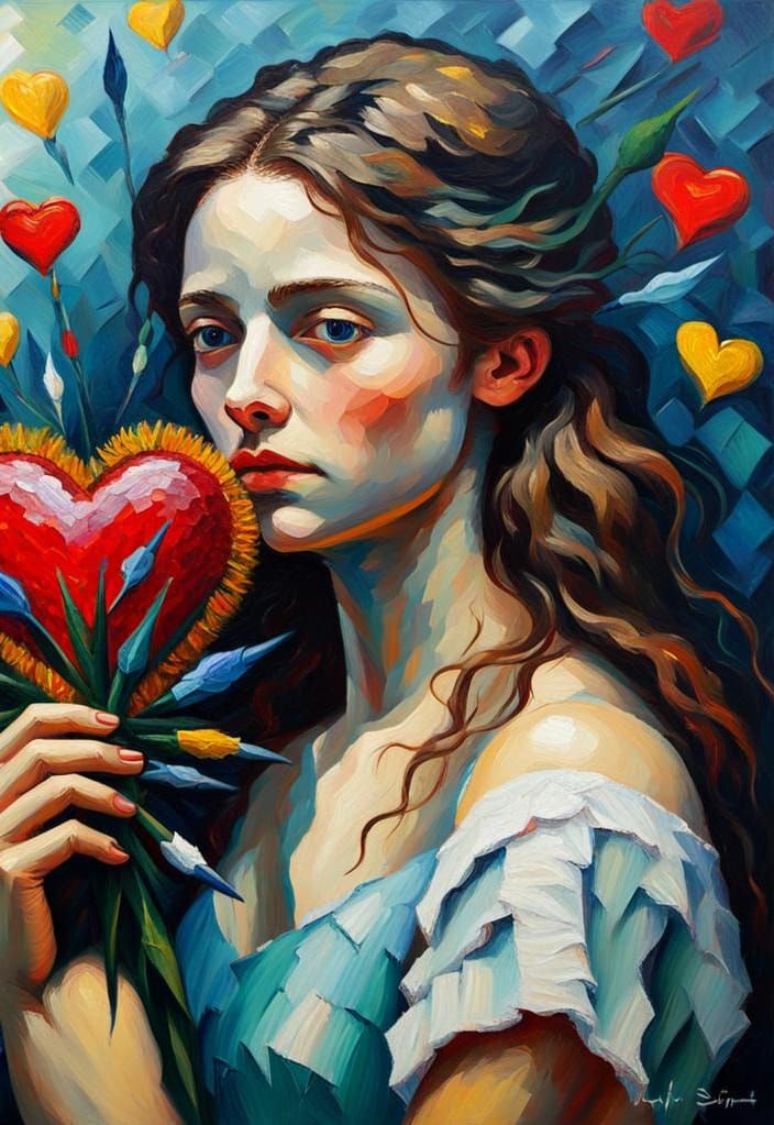 Glass Heart Surrounded by Daggers: Neo-Impressionist Oil Pai...
