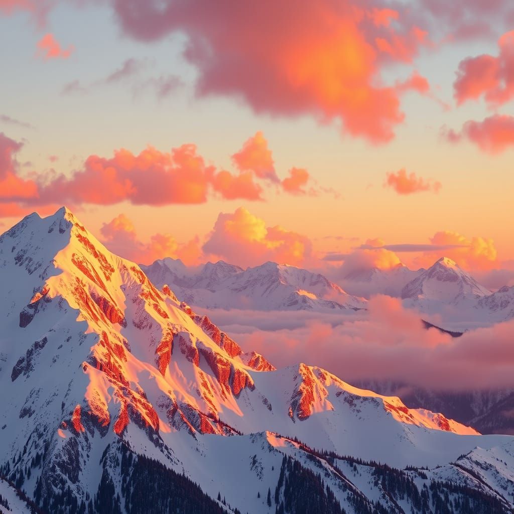Sunset Over Snowy Peaks: A Landscape Painting