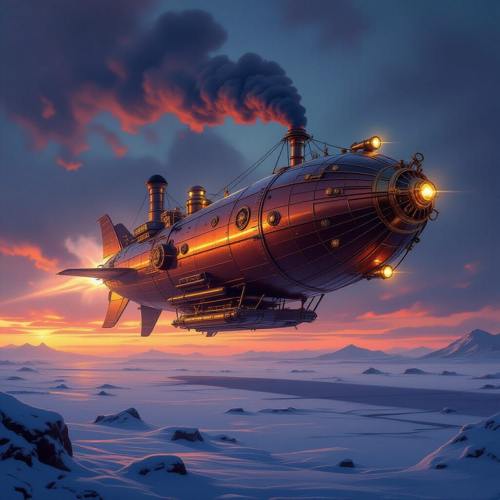 Steampunk Airship Soaring Through Twilight Sky
