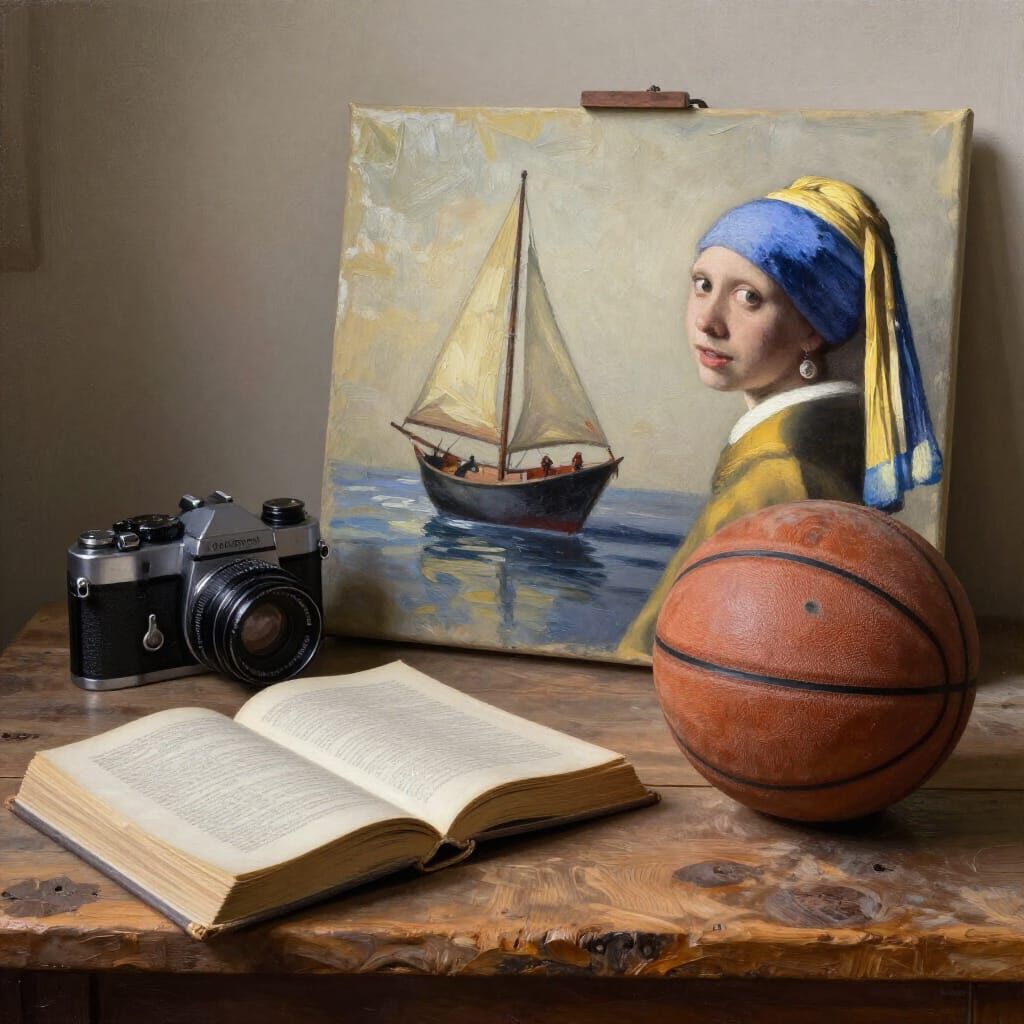 Still Life Oil Painting of Hobbies on Table