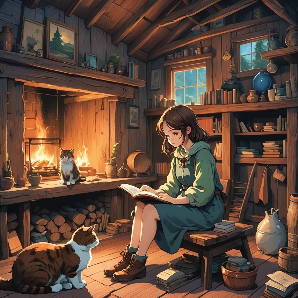 Manga Girl Reading with Cat in Cozy Cottage