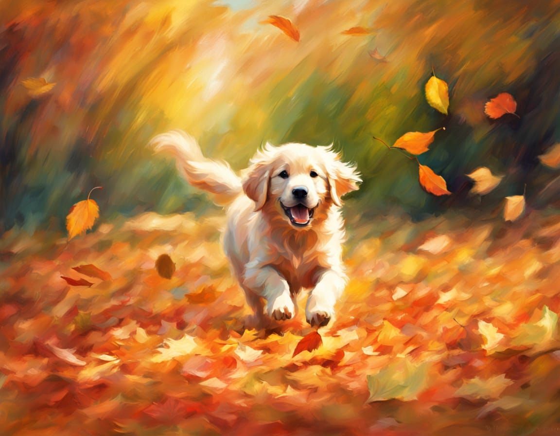 Golden Retriever Puppy Plays in Autumn Leaves