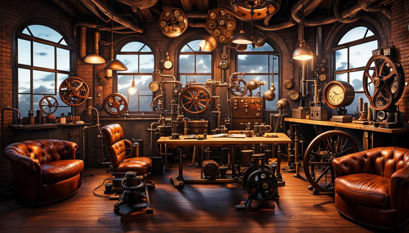 Steampunk Home Interior with Cogs and Amber Lights