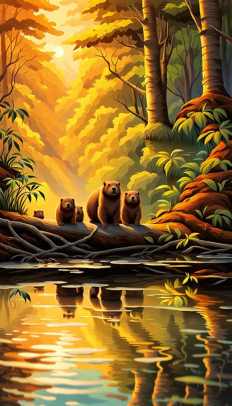Beaver Family in Amazon: Impressionist Golden Sunset
