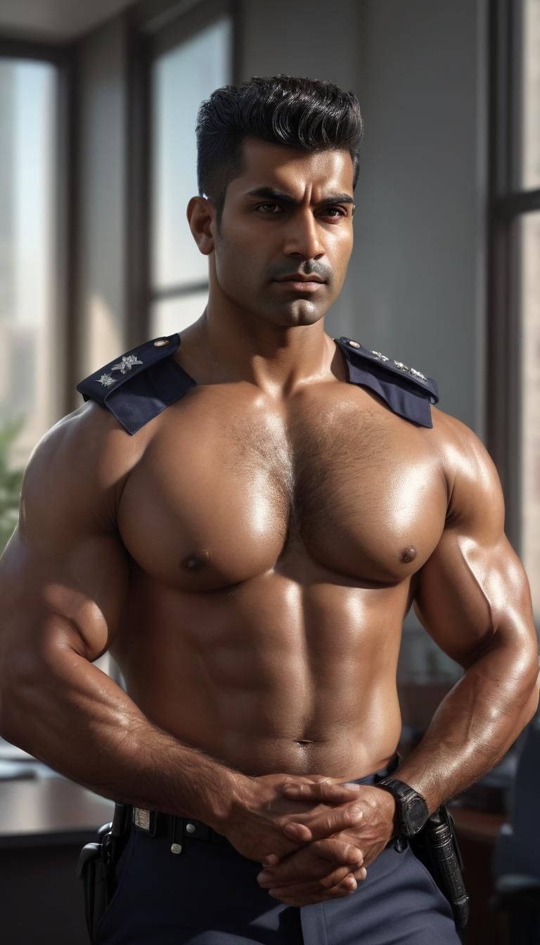 Oiled Muscle Cop in Office: Realistic 3D Rendering
