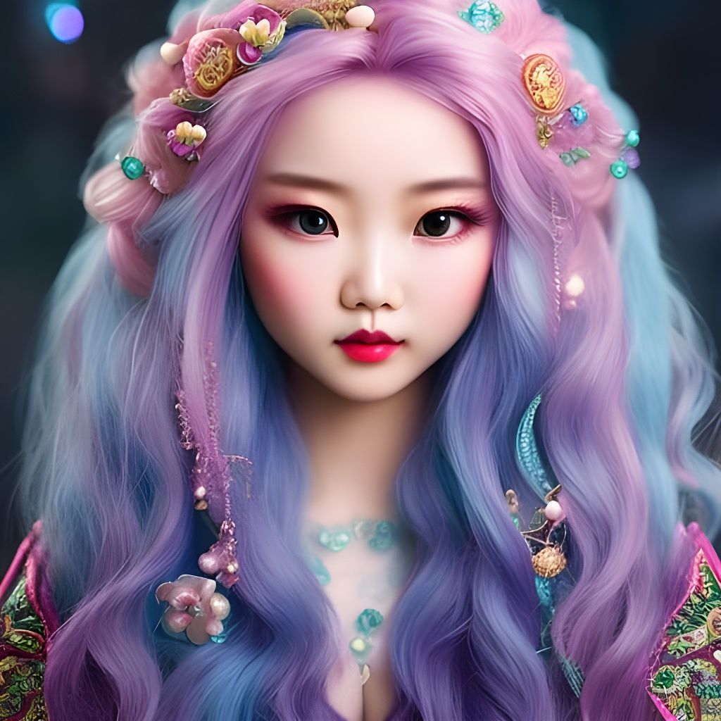 Elegant Hmong Girl with Blue Hair in Art Nouveau Style
