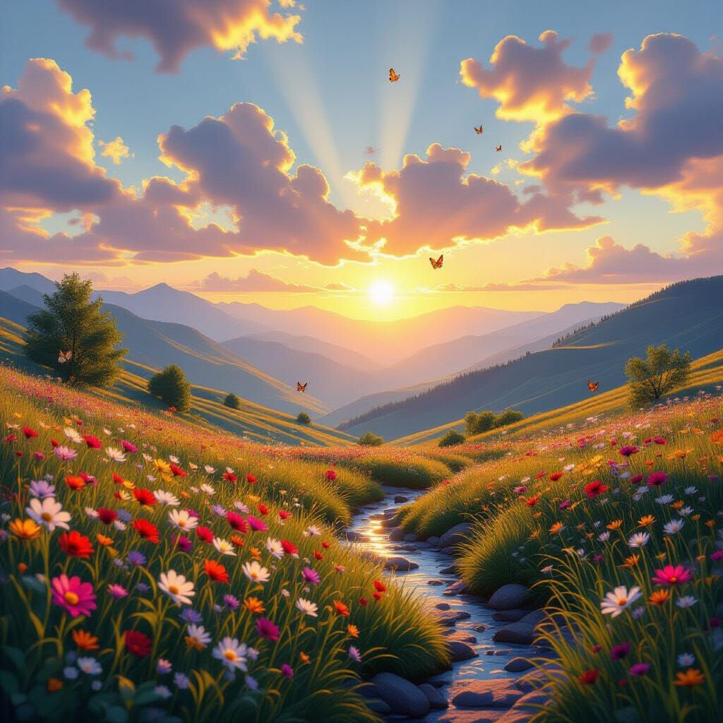 Sunrise Hillside with Butterflies in Hyperreal Style