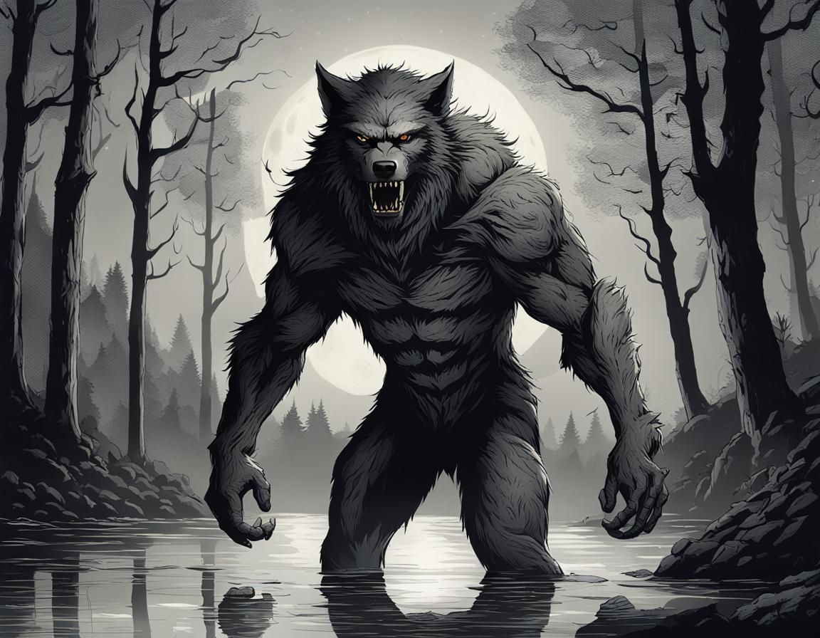 Werewolf in Moonlit Forest: Dark Fantasy Art