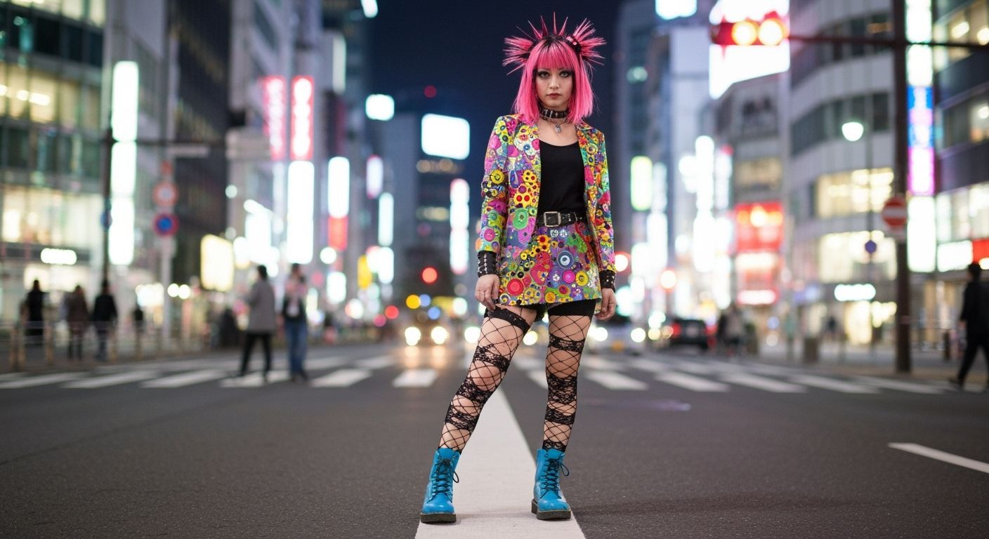 Punk Gyaru Girl Poses in Shibuya Street Photography Style