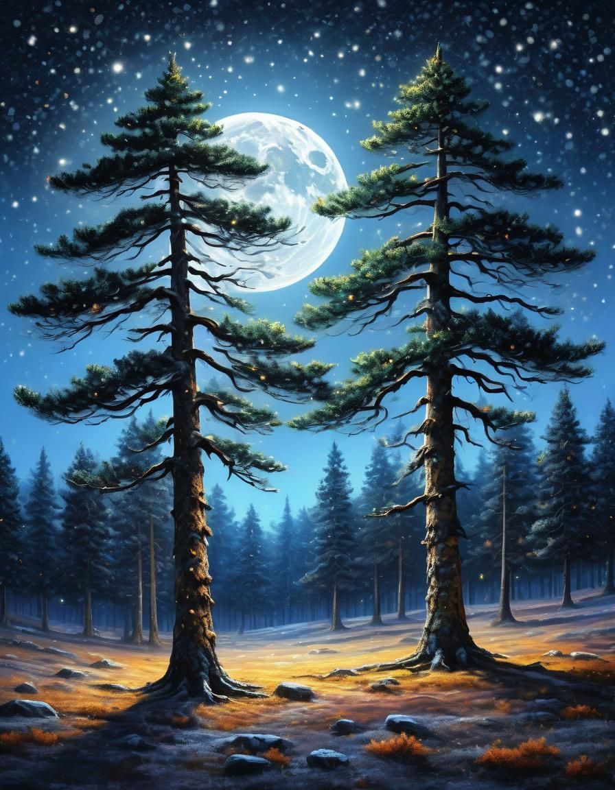 Moonlit Waltz of Dancing Pines in Hyperreal Detail