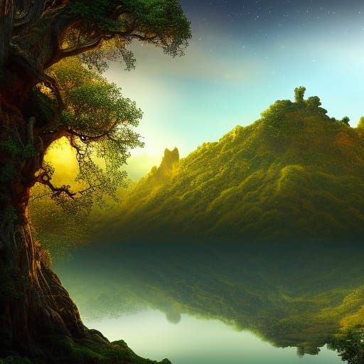 Starry Night Jungle Hills with Ancient Tree