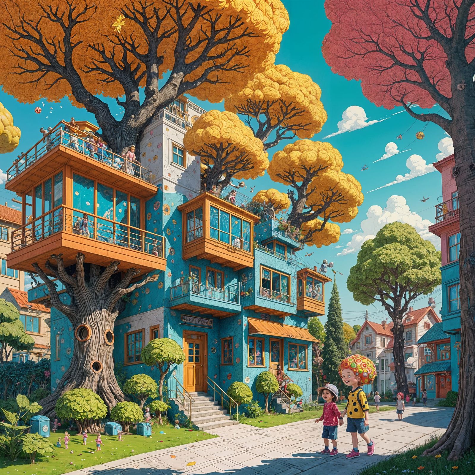 Whimsical Scene: Children, Trees, and Surreal Architecture